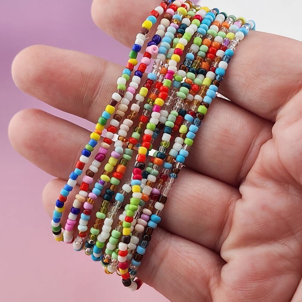 Multicolor Seed Bead Stretch Bracelet Stack Rainbow Layered Boho Jewelry